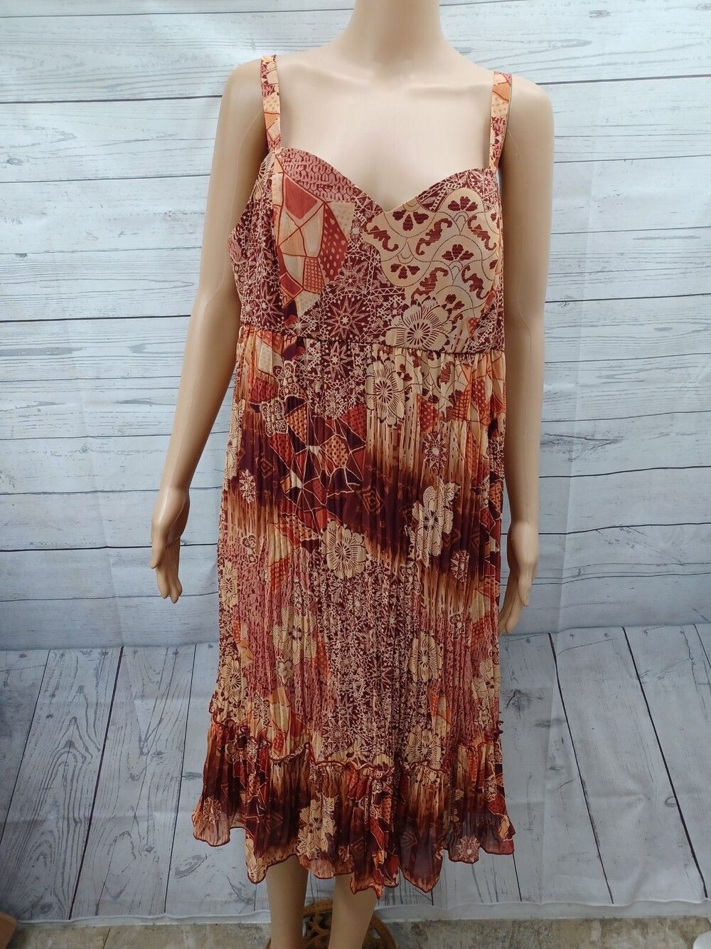 Y2K Sandra Darren Spaghetti Strap Dress Rust Floral Crinkle Ruffled 14W Babydoll